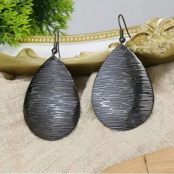 Gun Metal Textured Drop Hoop Earrings - Picture 2 of 4